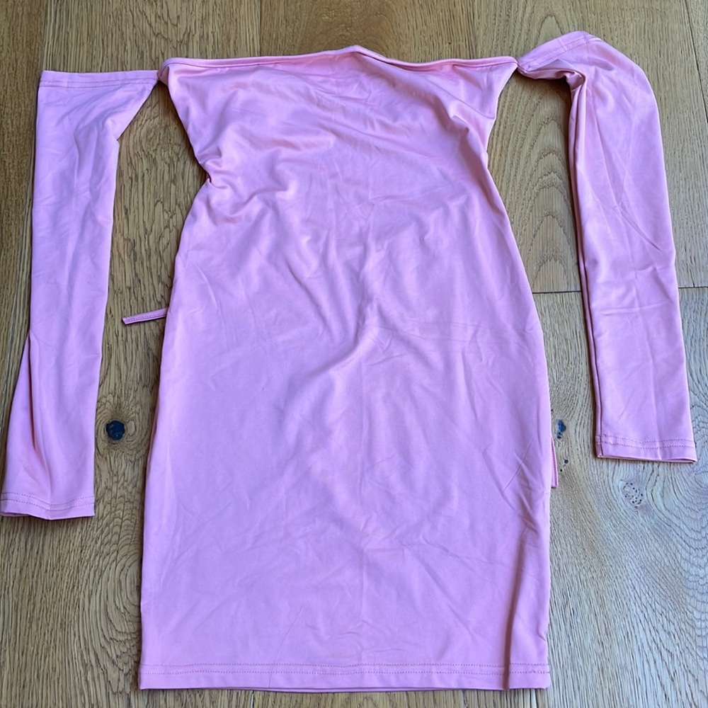 Pink, open back, long sleeve, tight party dress